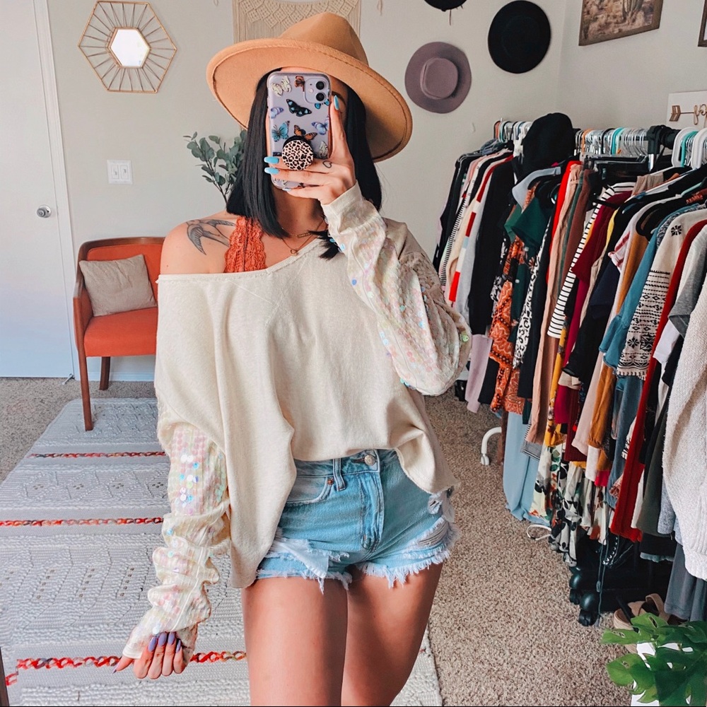 Free People Ivory Sequin Sleeve Slouchy Sweatshirt - Picture 3 of 11